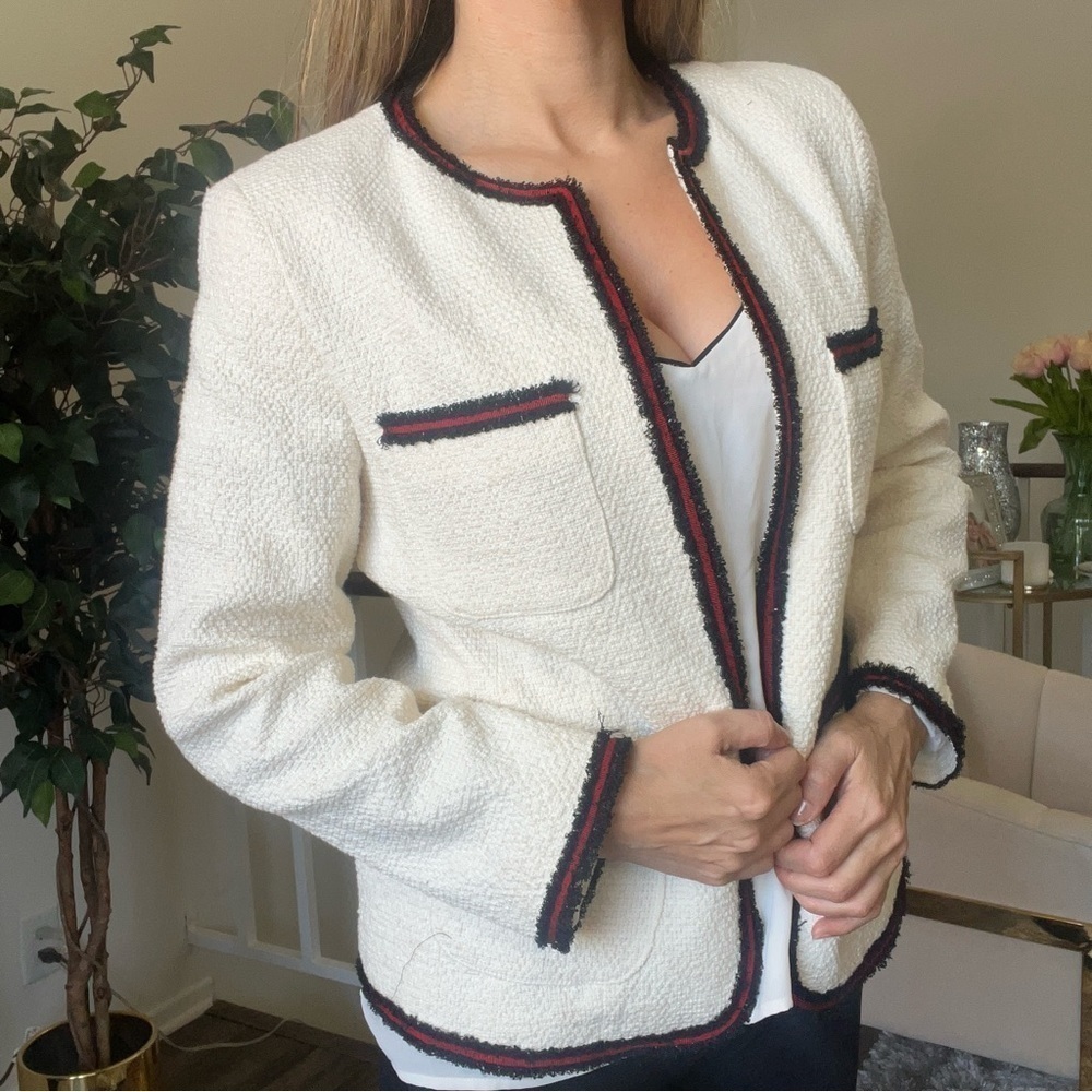 Gerard Darel Ivory Woven Tweed Blazer Long Sleeves Mock Neck Mid Length Summer M - Picture 1 of 15